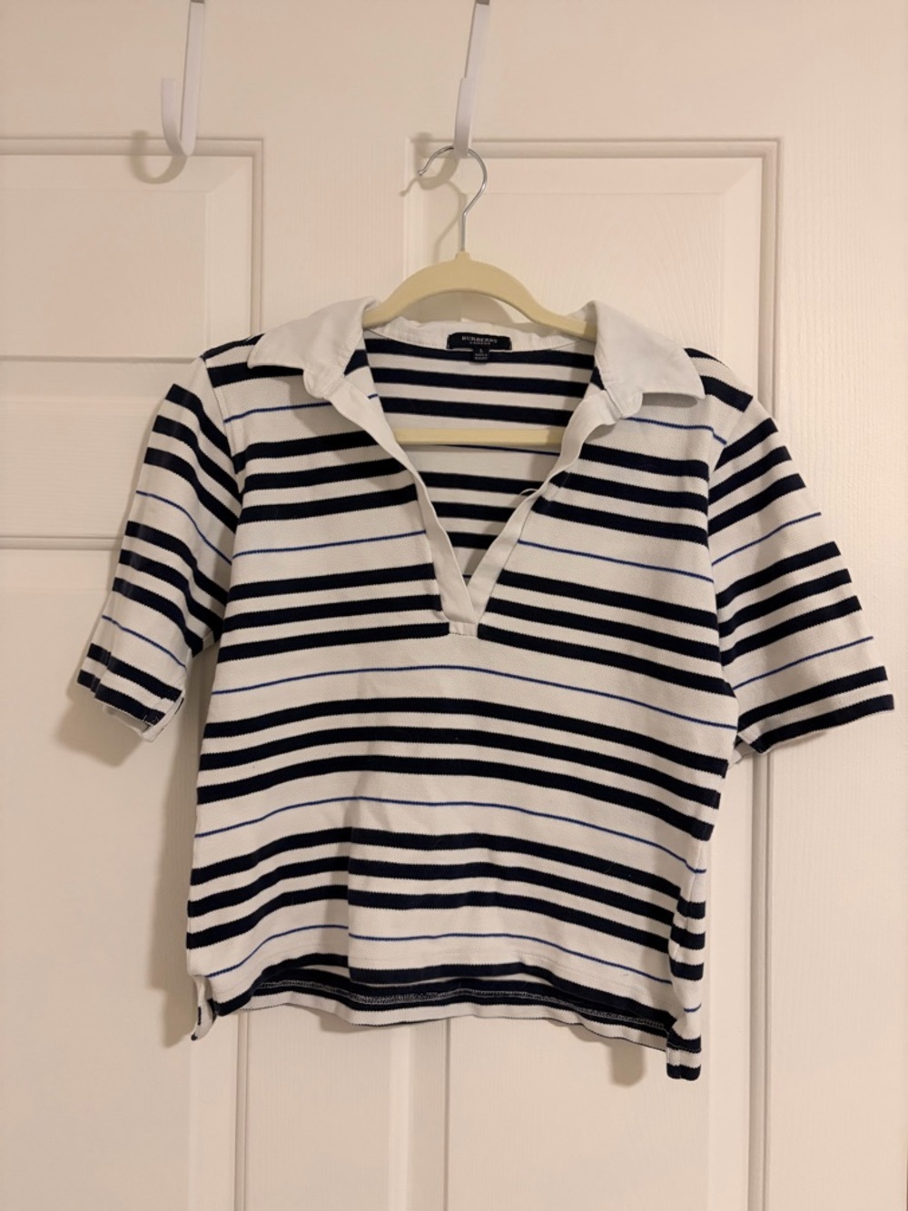 Burberry Striped V-Neck Polo Top - White & Navy